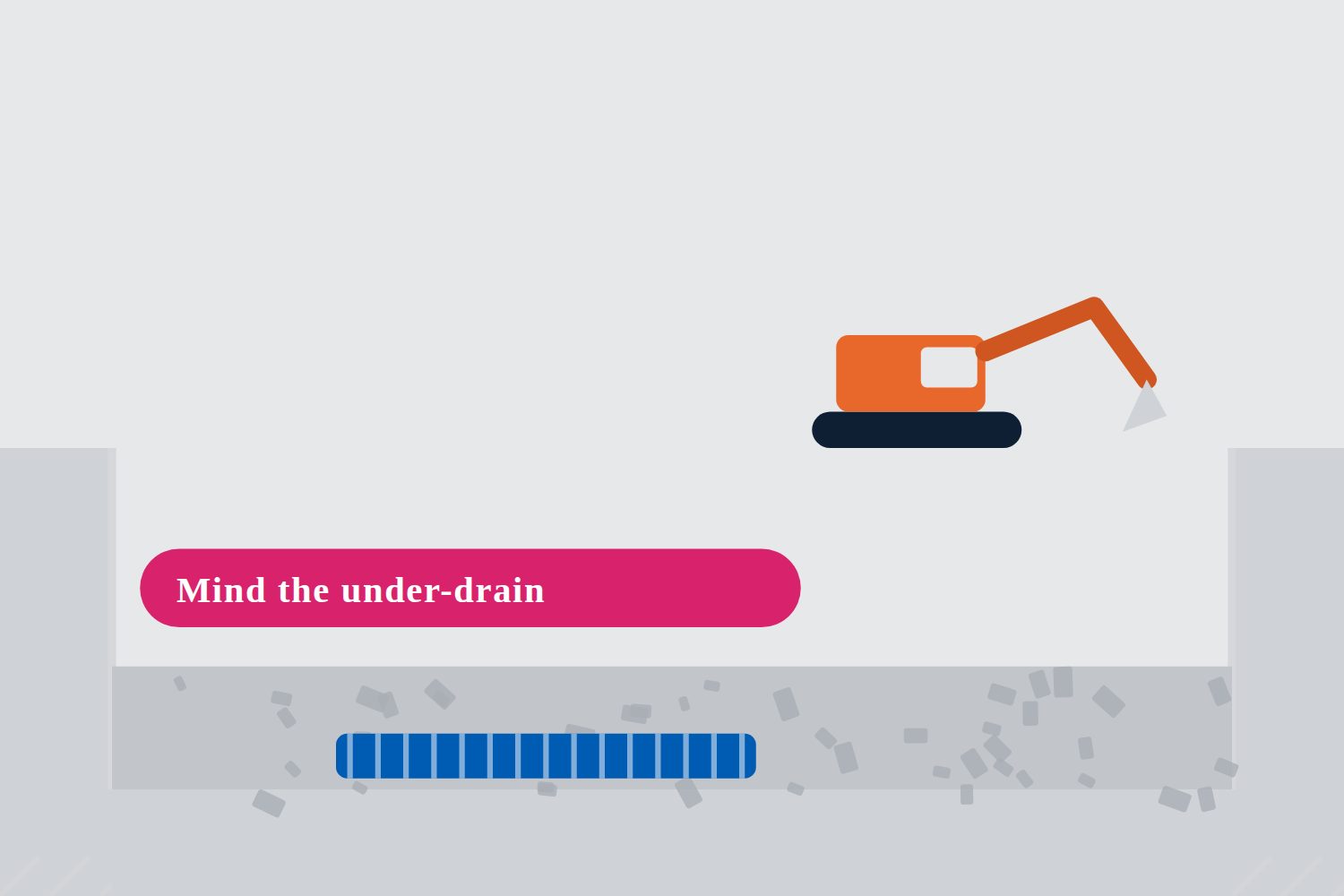 A tracked machine placing bedding stone, keeping clear of a marked under-drain