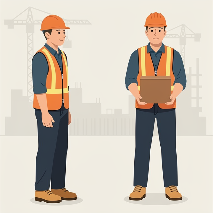 Two site workers, one carrying a box