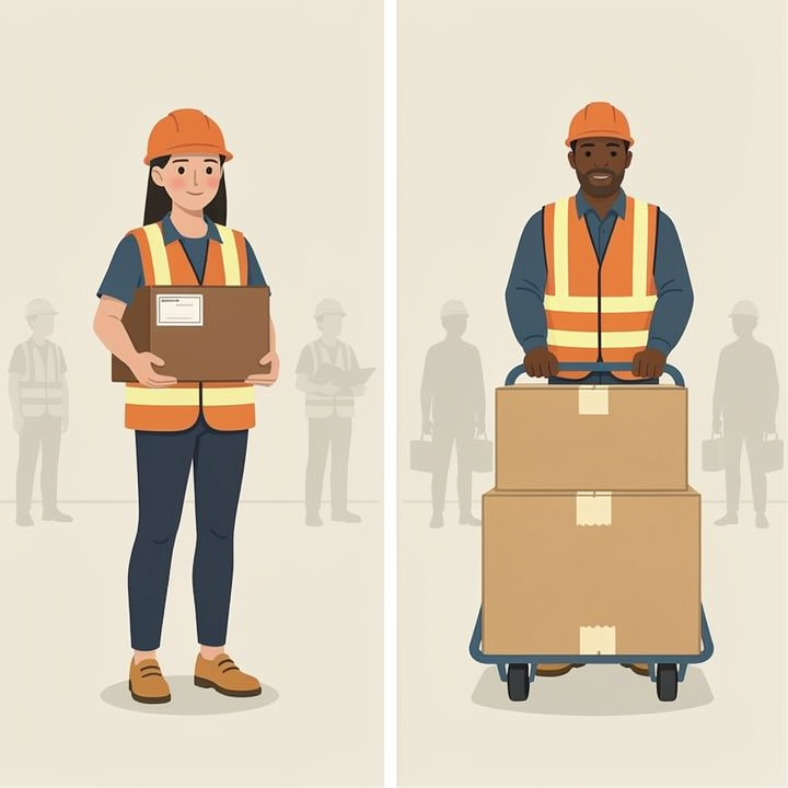 A worker carrying a box beside a worker pushing a loaded trolley