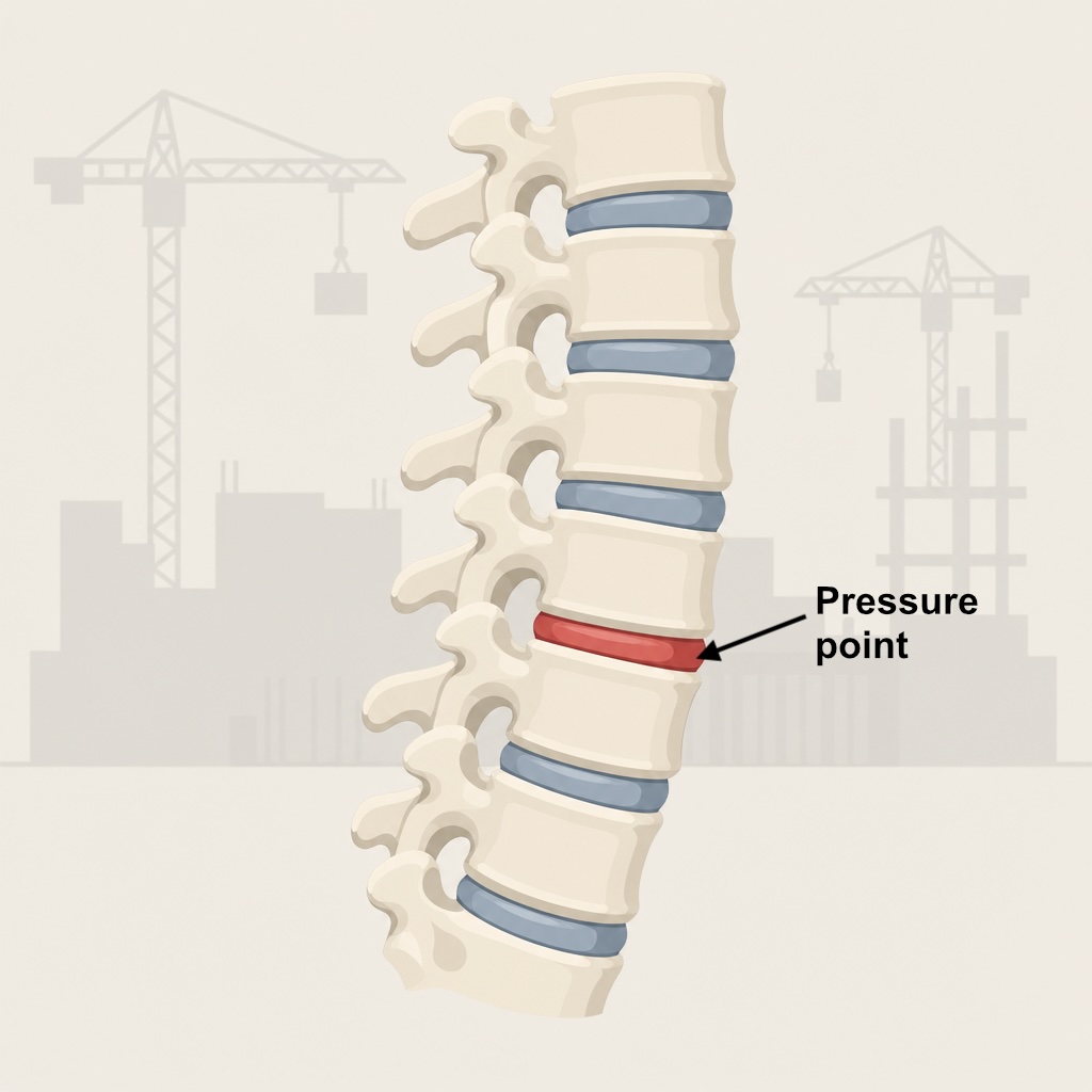 Diagram of vertebrae separated by discs, with one disc under strain