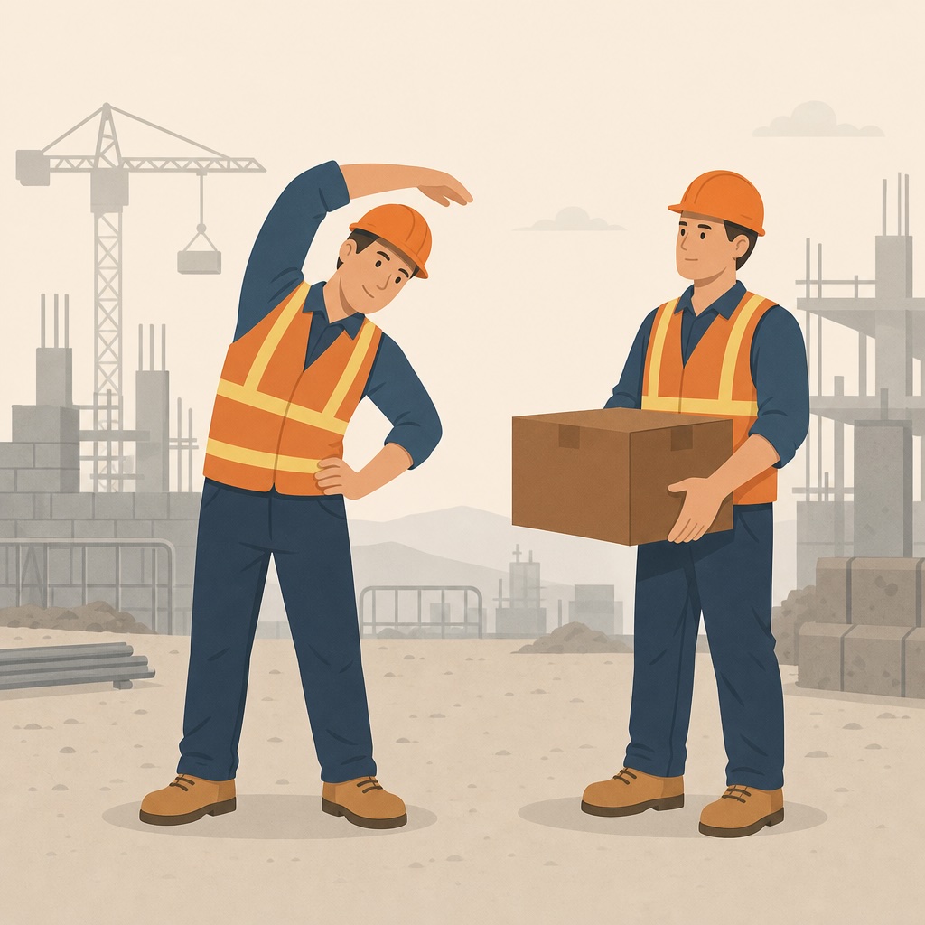A worker stretching beside a worker standing upright