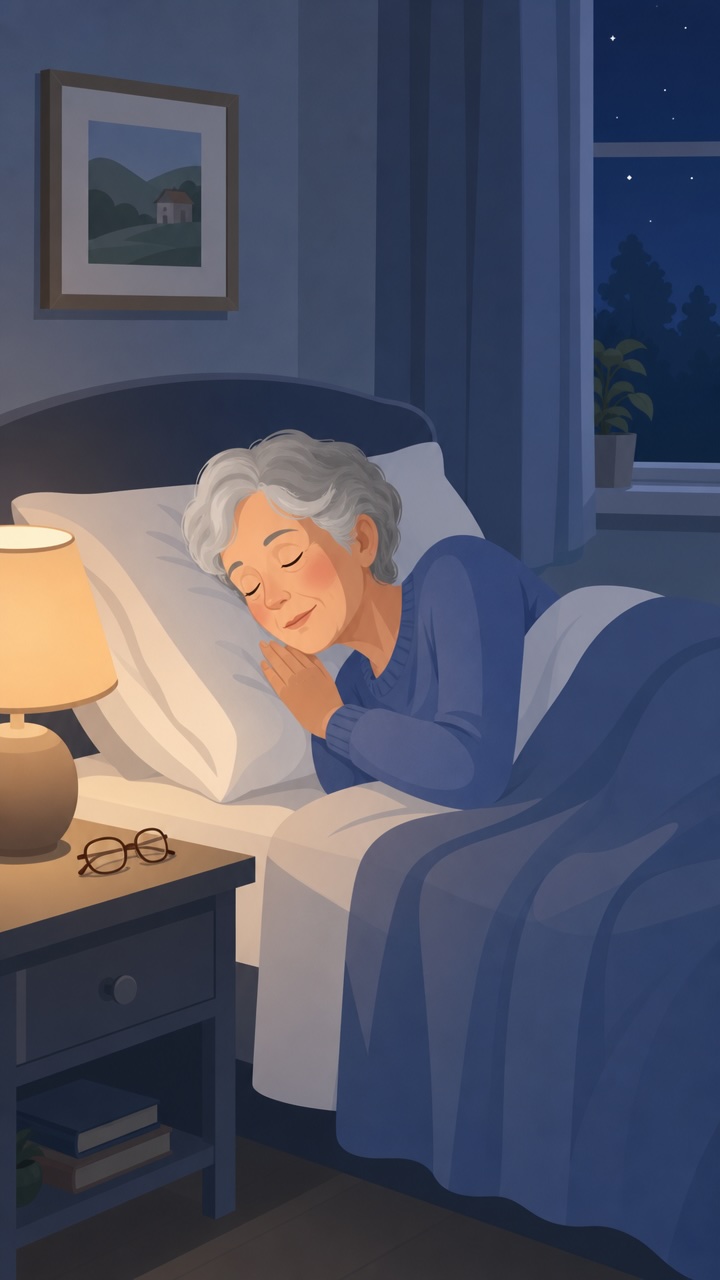 The woman asleep in bed with a bedside lamp on low