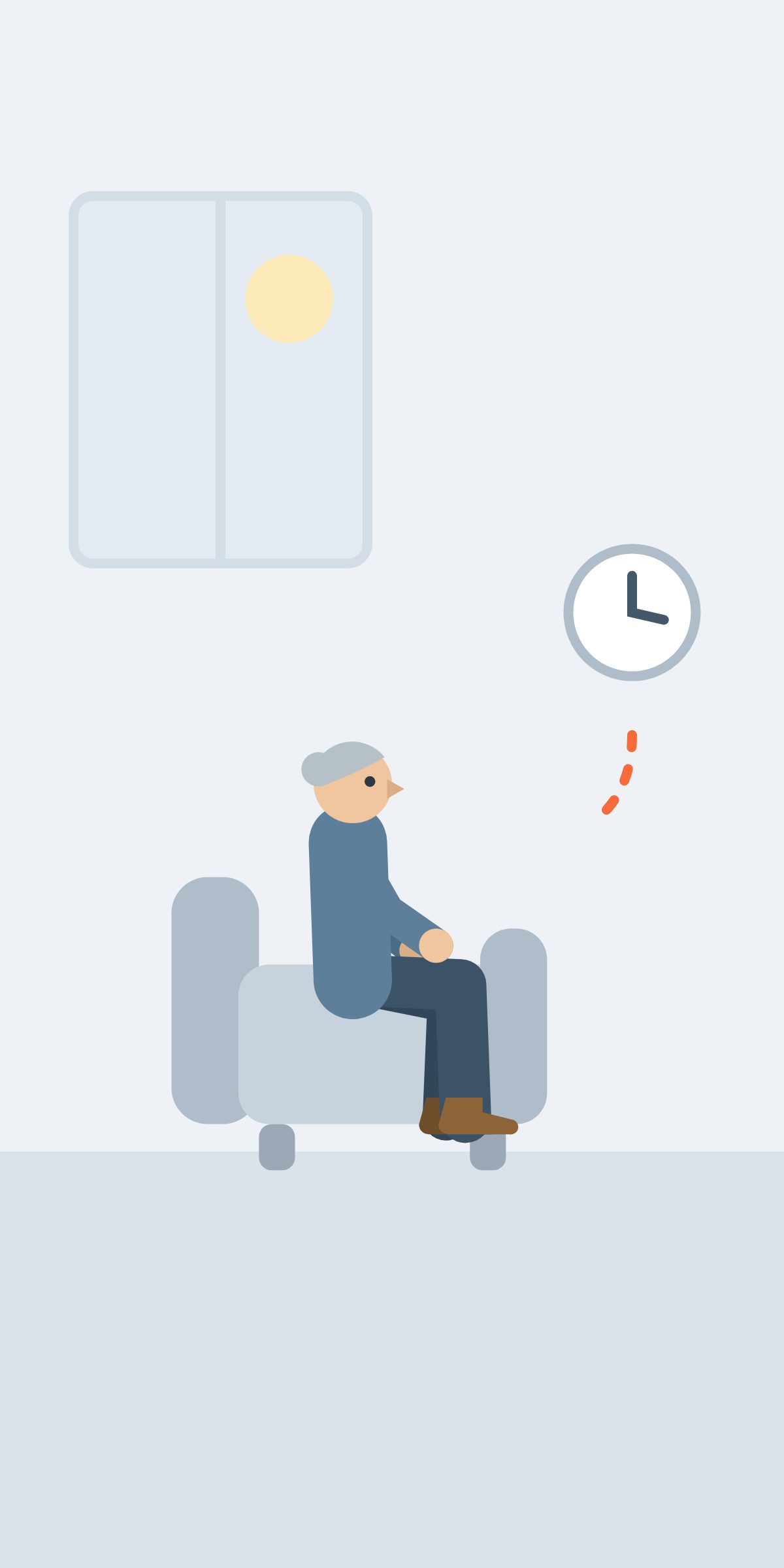 The woman seated in an armchair, with a clock showing time passing