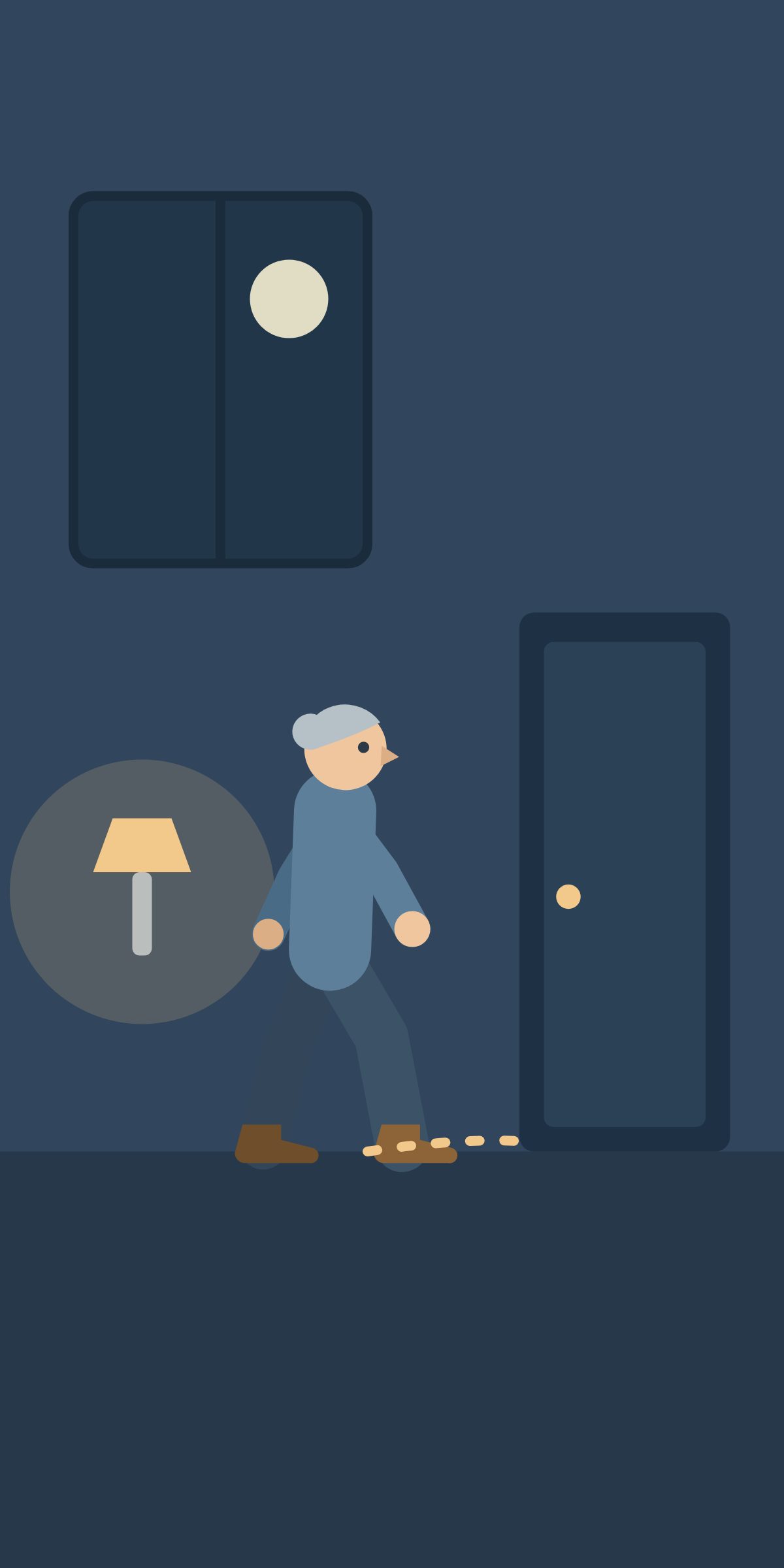 The woman walking to the bathroom at night, lit by a bedside lamp