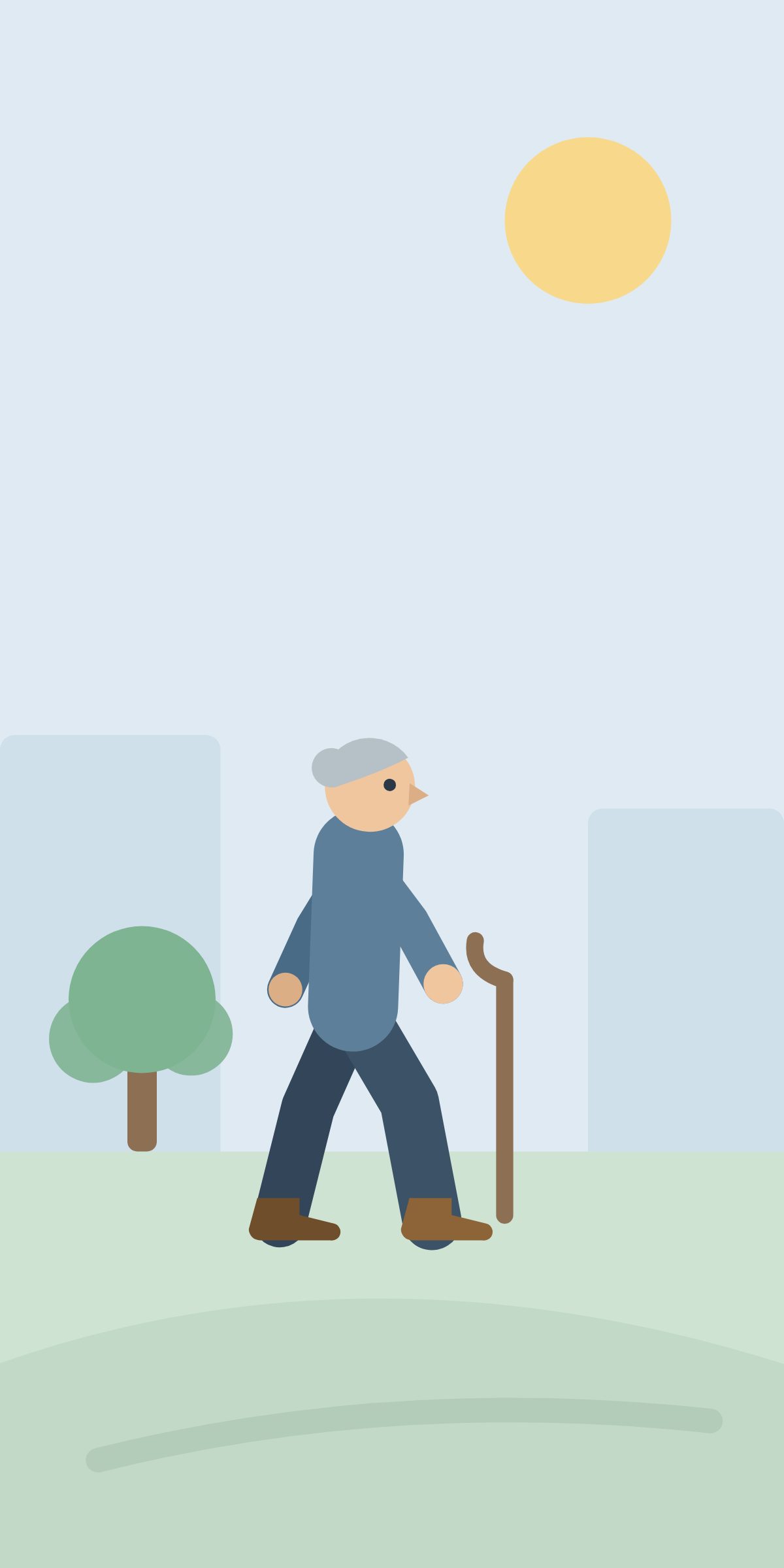 The woman walking outdoors with a stick, past a tree