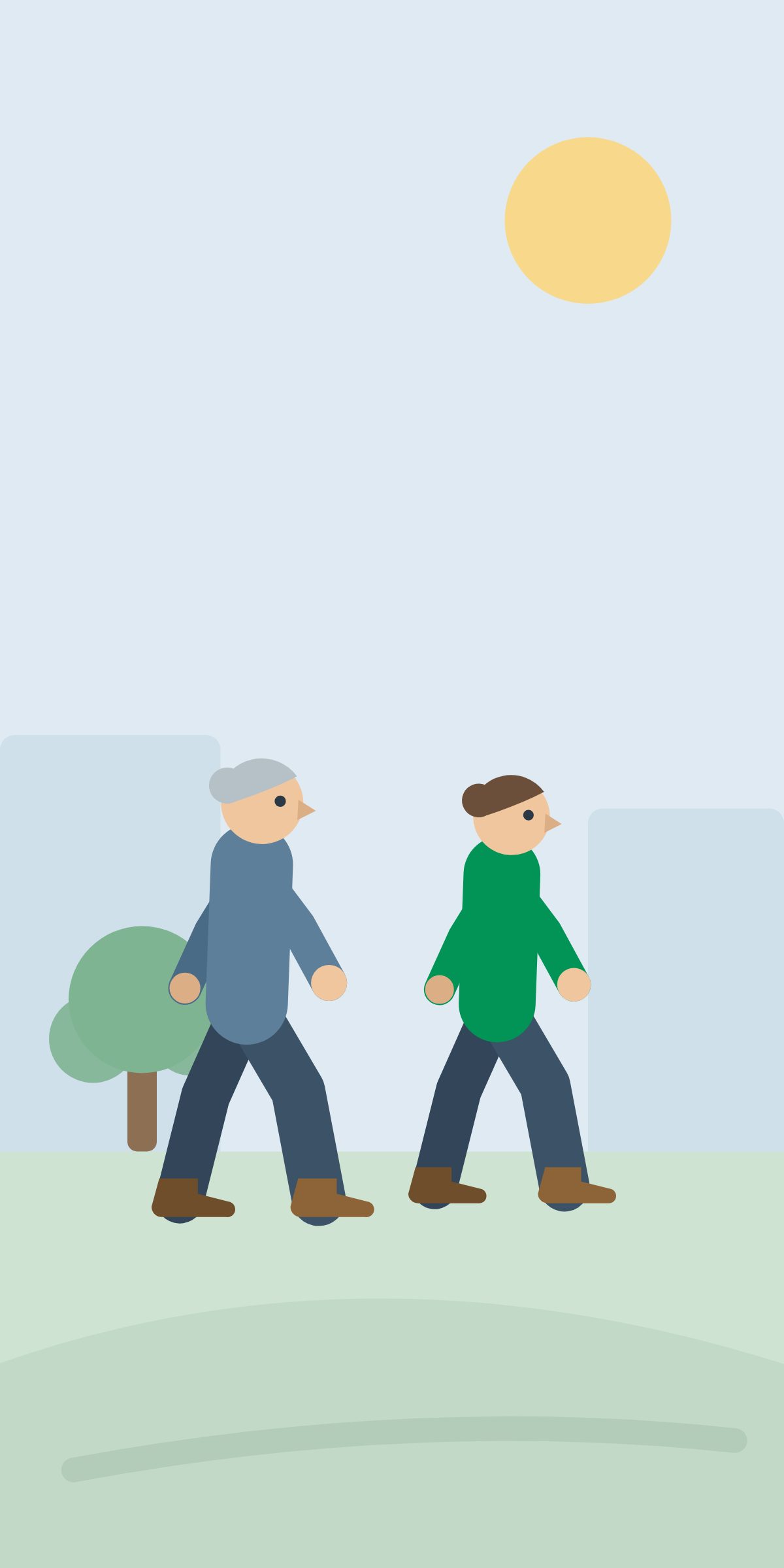 The woman walking outdoors with her daughter after lunch