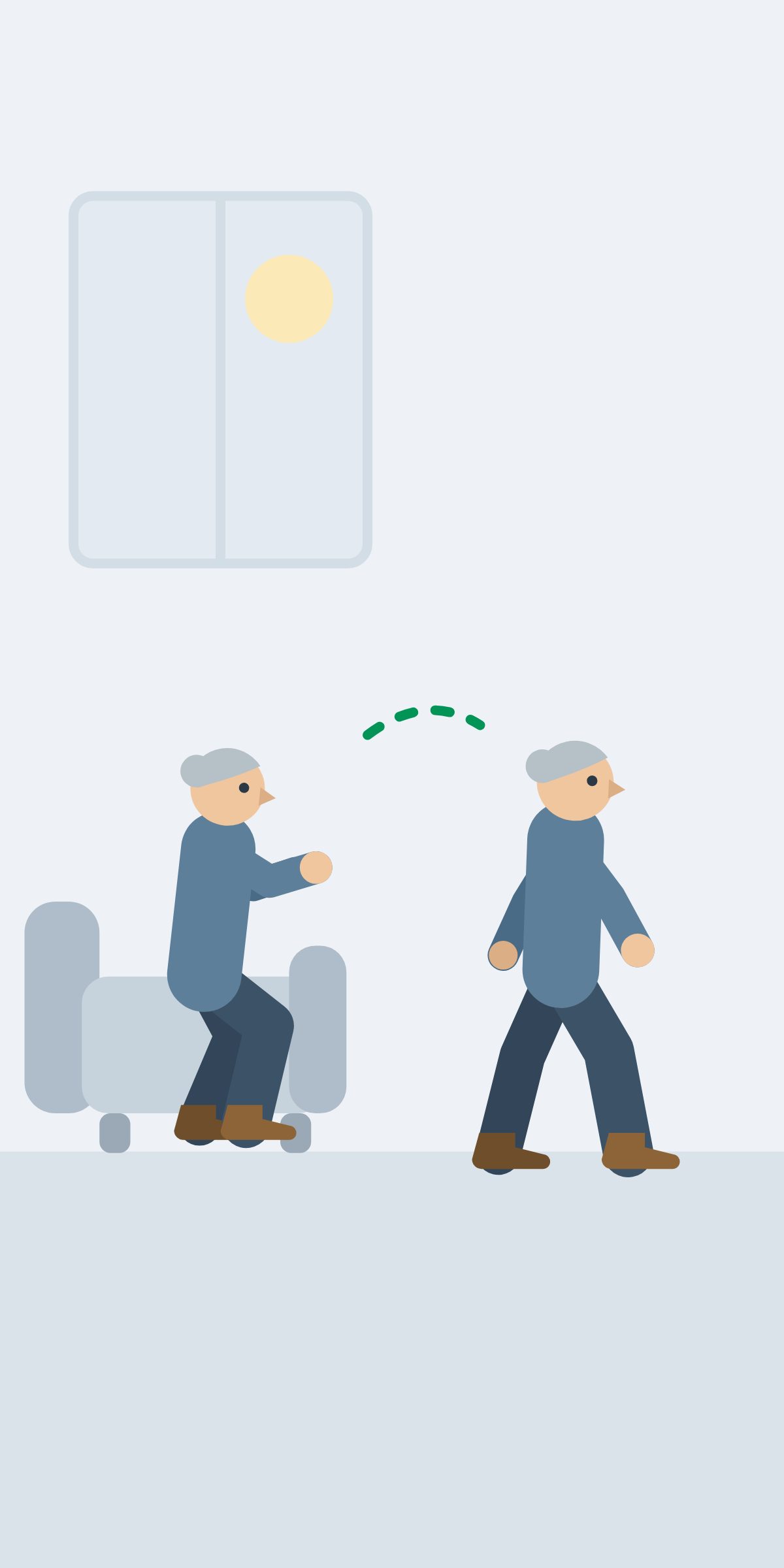 The woman rising from her chair indoors and walking outdoors
