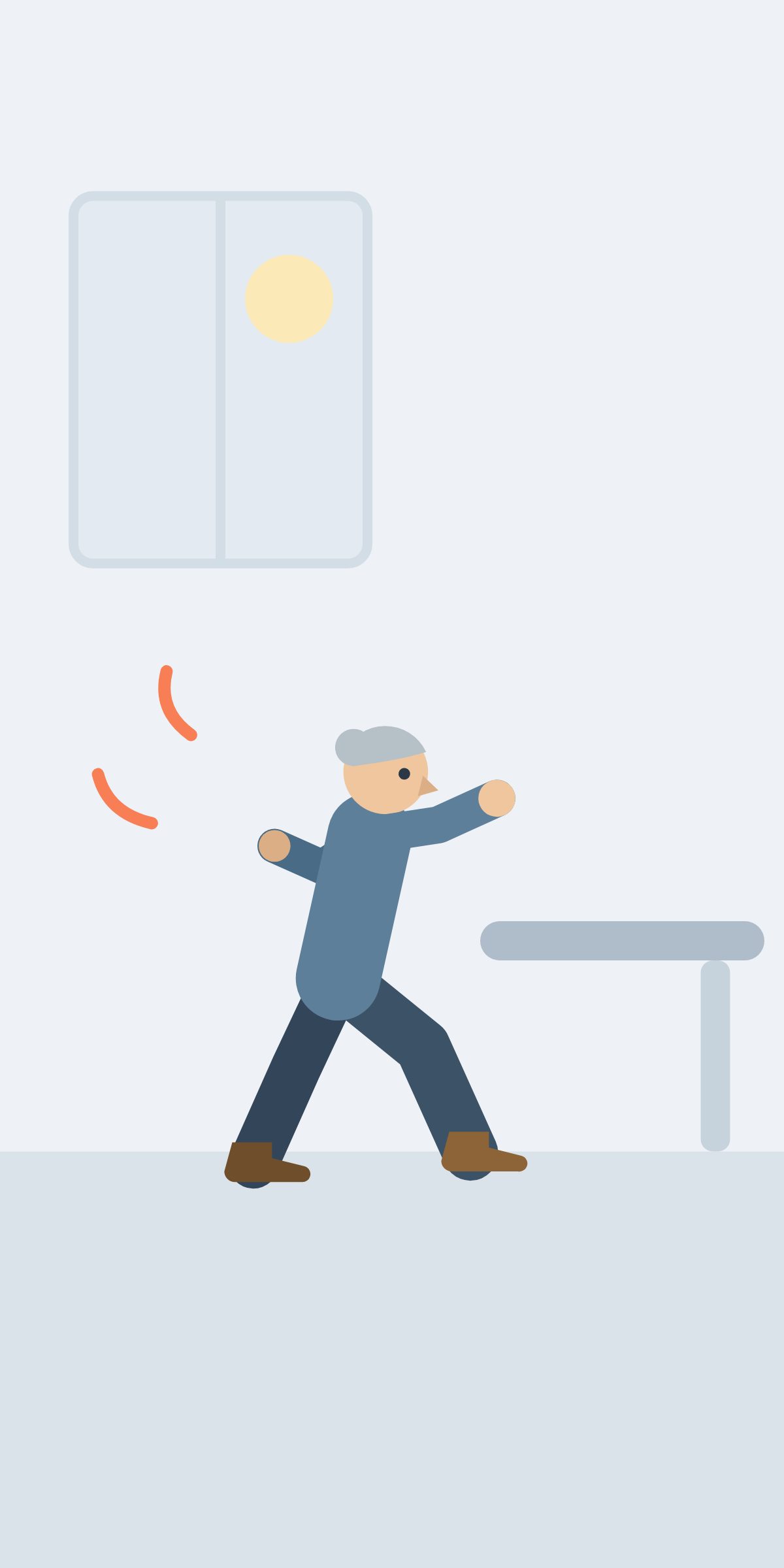 The woman stumbling and catching herself against the worktop