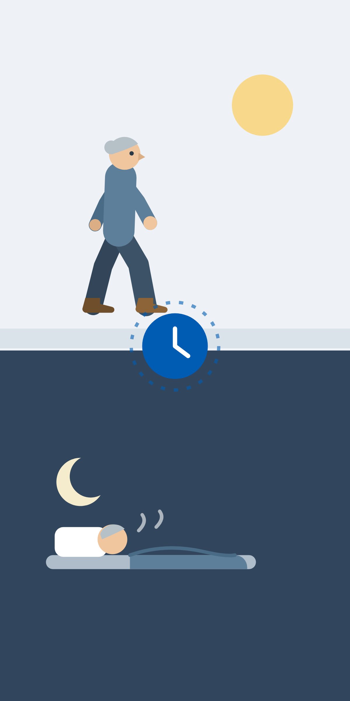 Day and night together: walking above, asleep below, a clock between