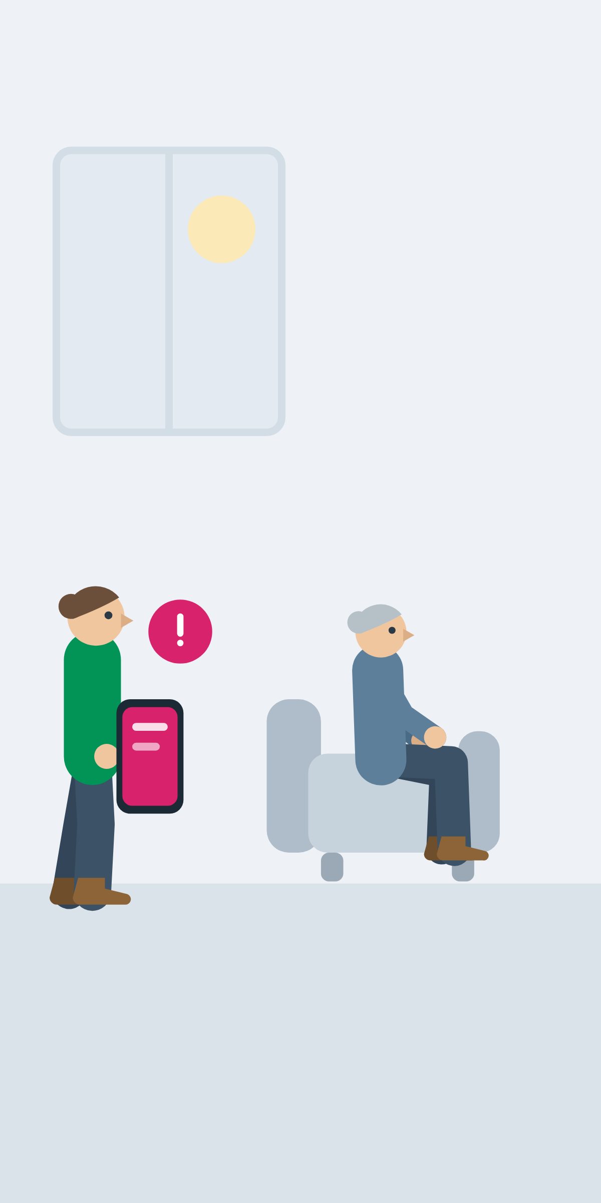 The daughter receiving an alert on her phone while her mother sits at home